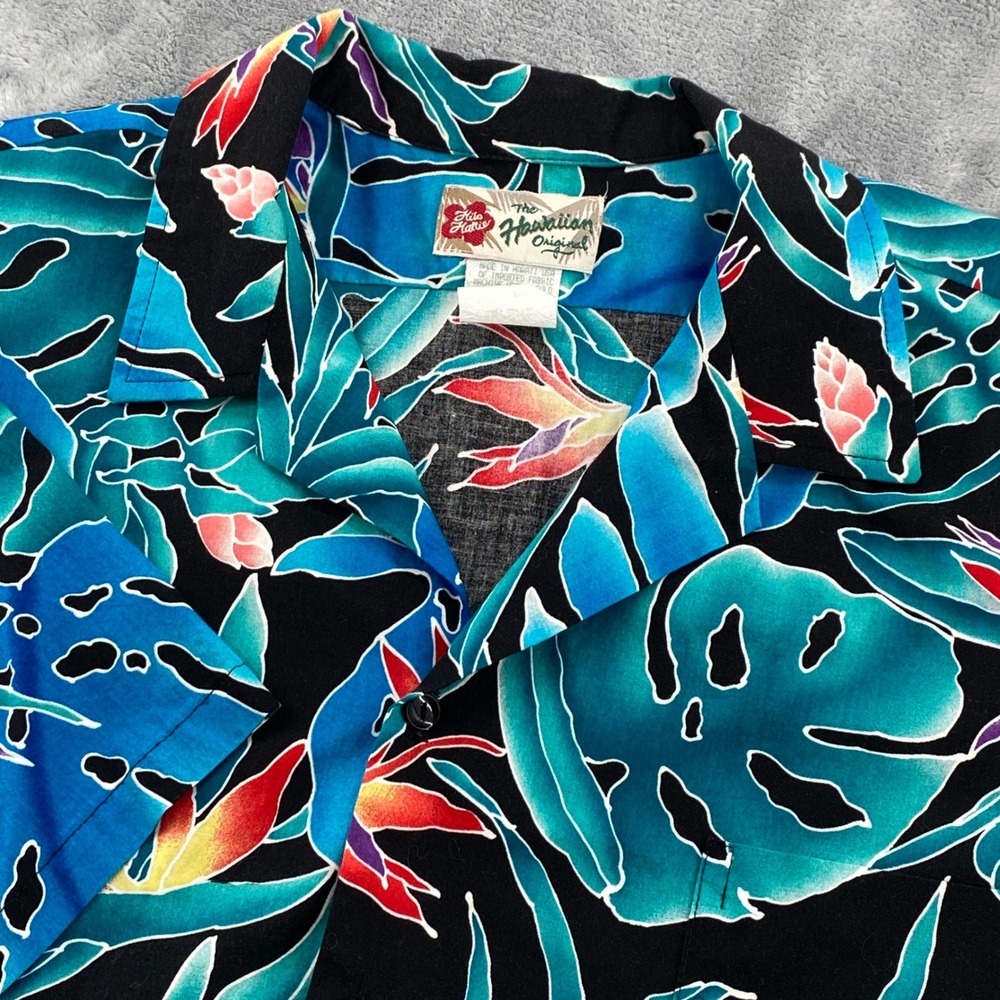 Hilo Hattie Hawaiian Shirt Mens XL Black Teal Bird of Paradise Cotton USA Made